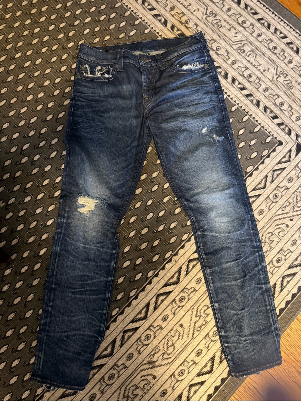 True Religion Distressed Dark Blue Slim-Straight Jeans